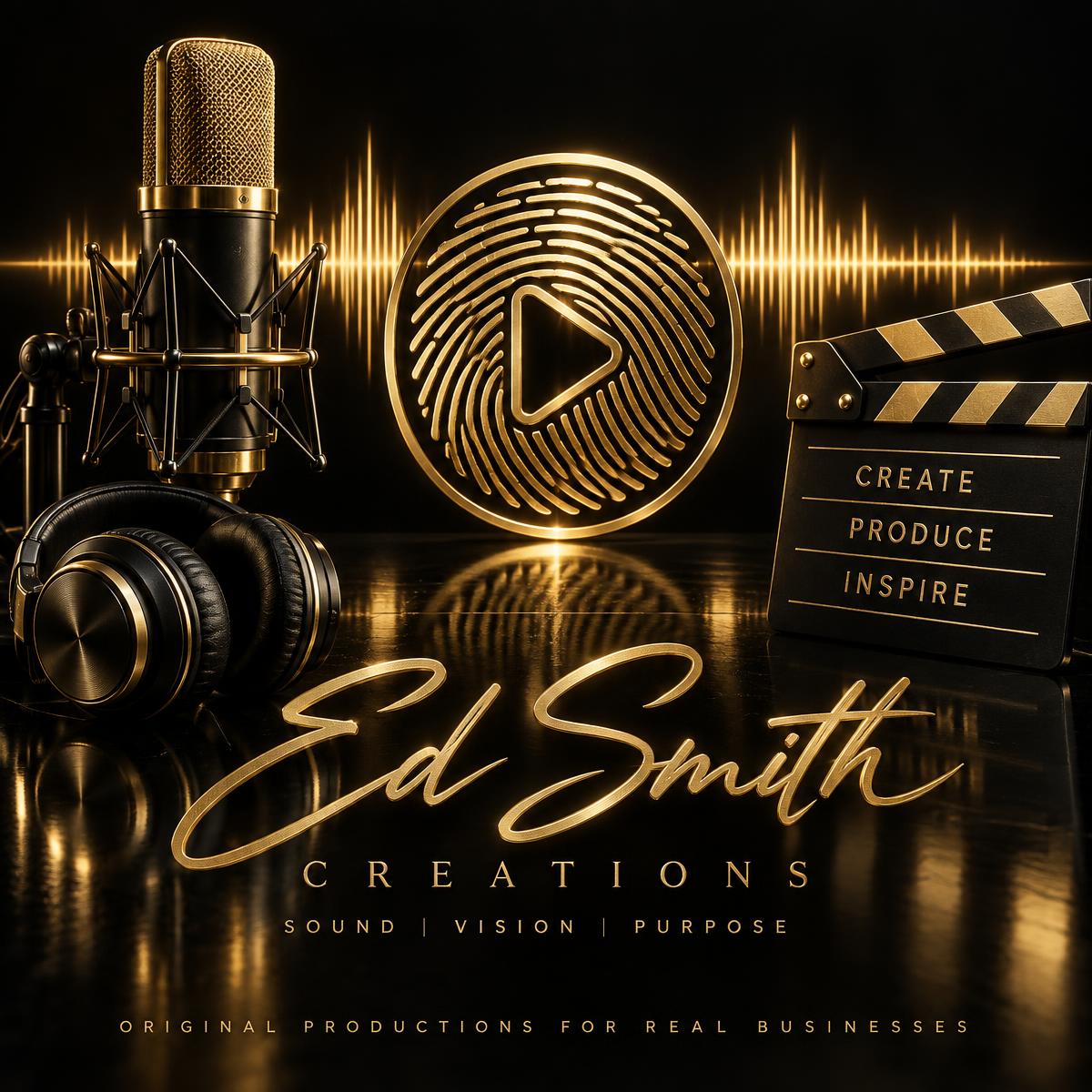 Ed Smith Creations production artwork with a studio microphone, headphones, fingerprint play emblem, audio waveform, and film clapperboard